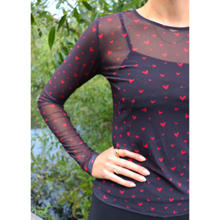 Mesh bluse - Black red hearts