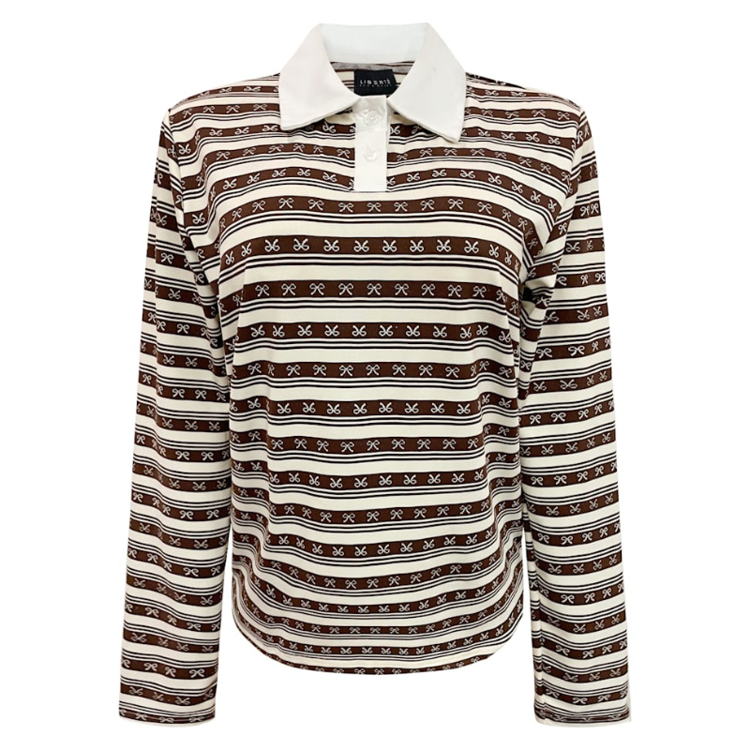 Polo bluse - Brown creme bow stripe