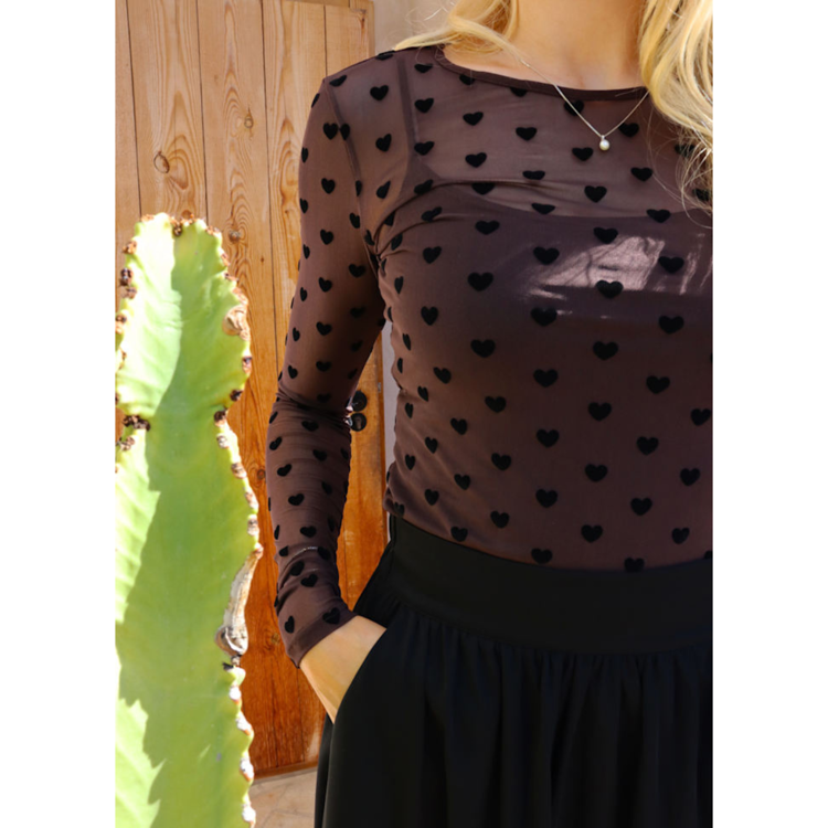 Mesh bluse - Dark brown black heart